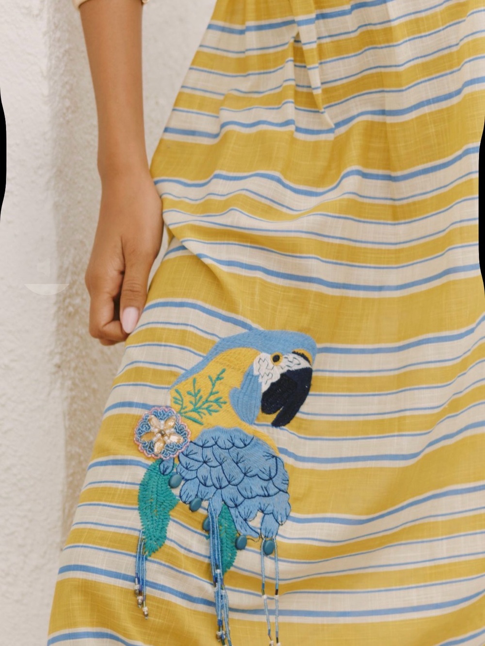 Anthropologie Yellow Striped Midi Skirt with Parrot Embroidery - Picture 6 of 6